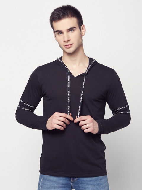 

ELEGANCE Men Black Solid Hooded T-shirt