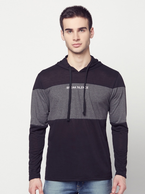 

ELEGANCE Men Black & Charcoal Grey Colourblocked Hooded T-shirt