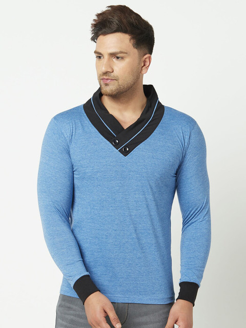 

ELEGANCE Men Blue Solid V-Neck T-shirt
