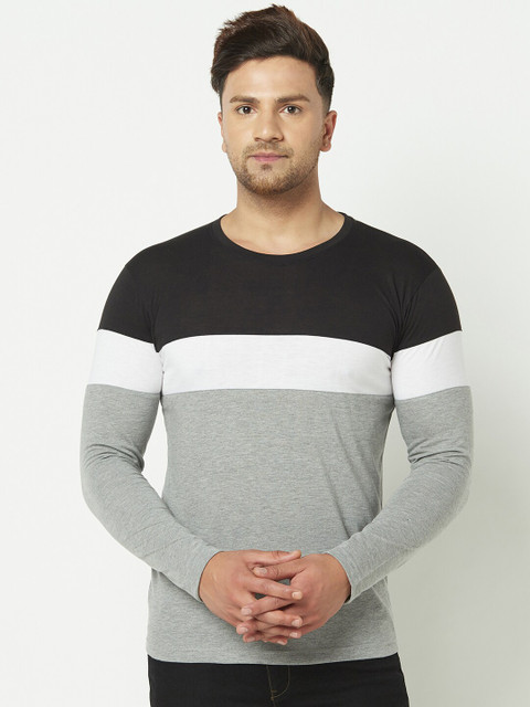 

ELEGANCE Men Black & Grey Melange Colourblocked Round Neck T-shirt