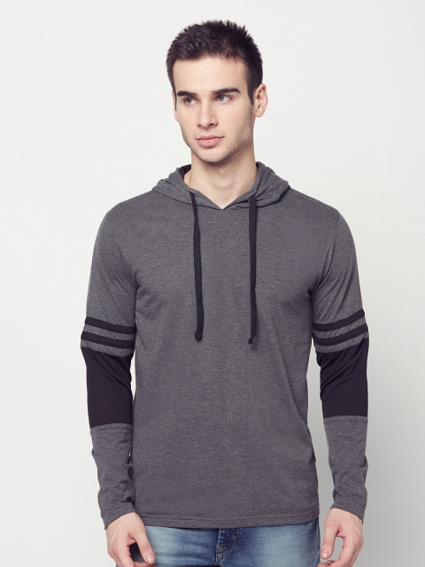 

ELEGANCE Men Charcoal Grey Solid Hooded T-shirt