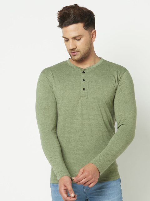 

ELEGANCE Men Green Solid Henley Neck T-shirt