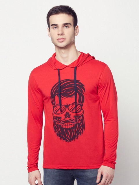 

ELEGANCE Men Coral Orange & Black Printed Hooded T-shirt