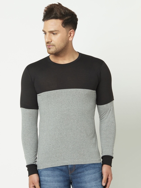 

ELEGANCE Men Grey Melange & Black Colourblocked Round Neck T-shirt