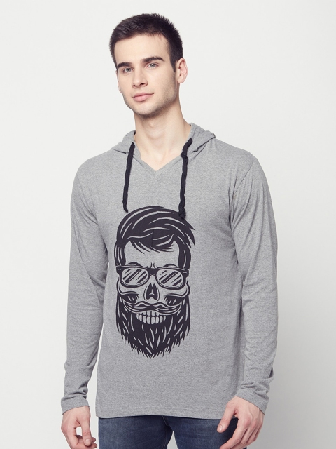 

ELEGANCE Men Grey Melange & Black Printed Hooded T-shirt