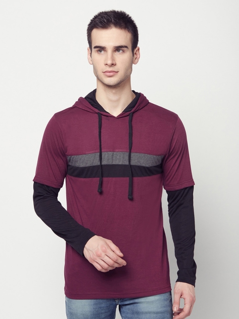 

ELEGANCE Men Maroon & Black Striped Hooded T-shirt