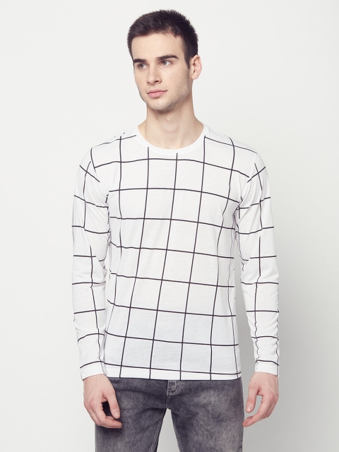 

ELEGANCE Men White Checked Henley Neck T-shirt