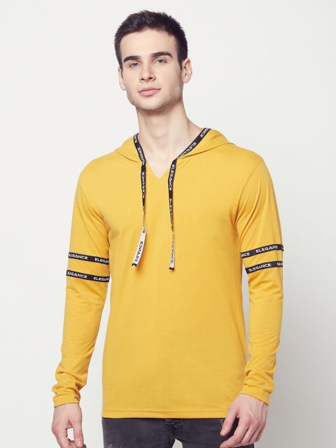 

ELEGANCE Men Mustard Yellow Solid Hooded T-shirt