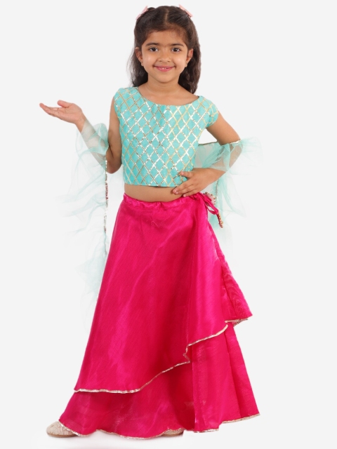 

Chipbeys Girls Green & Pink Embroidered Ready to Wear Lehenga & Blouse with Dupatta