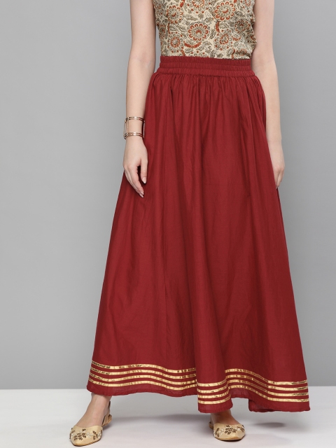 

HERE&NOW Women Red Solid Pure Cotton Flared Maxi Skirt