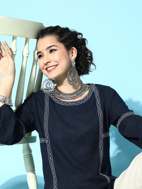 

Moda Rapido Women Navy Blue & Cream-Coloured Embroidered Pure Cotton Kurta with Palazzos