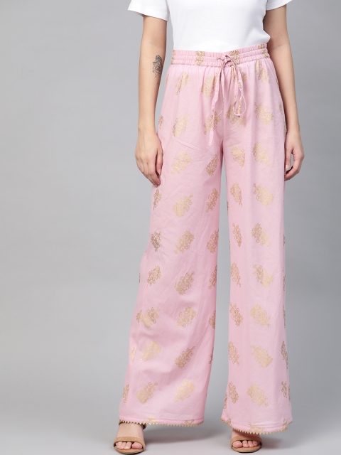 

HERE&NOW Women Pink & Golden Ethnic Motifs Printed Wide Leg Palazzos
