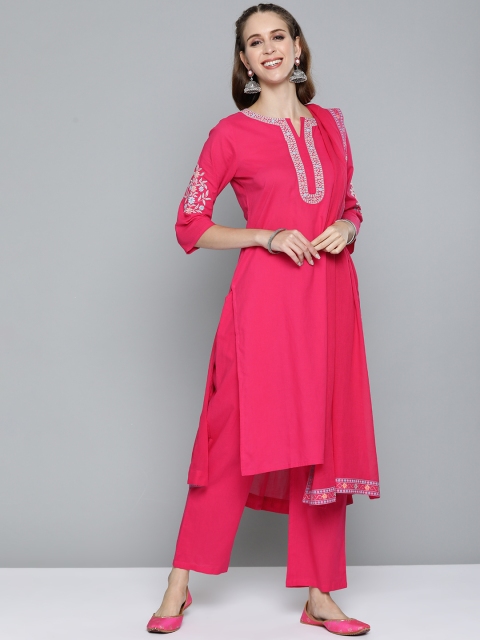 

HERE&NOW Women Pink Pure Cotton Yoke Design Regular Kurta with Trousers & Dupatta