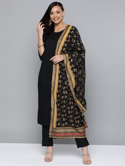 

HERE&NOW Women Black & Golden Pure Cotton Solid Kurta with Trousers & Dupatta