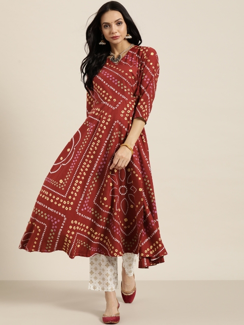 

Moda Rapido Women Maroon Pure Cotton Bandhani Print Angrakha Kurta with Trousers