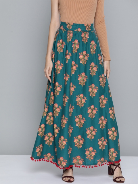 

HERE&NOW Women Teal Green & Pink Ethnic Print Pure Cotton A-Line Maxi Skirt