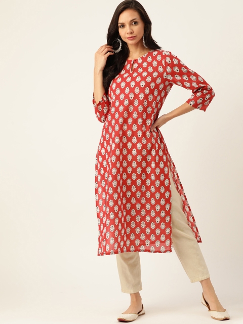 

Moda Rapido Women Red & White Ethnic Motifs Printed Pure Cotton Straight Kurta