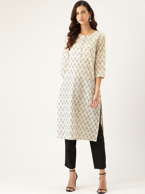 

Moda Rapido Women Off White & Black Ethnic Motifs Printed Straight Kurta