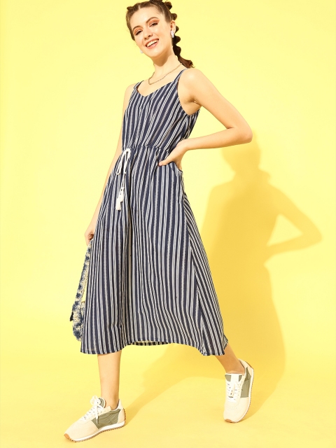 

HERE&NOW Women Navy Blue Striped Cinched Waist Dress