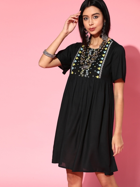 

HERE&NOW Black & White Ethnic Motifs Embroidered Gathered A-Line Dress