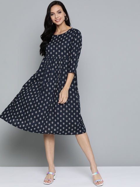 

HERE&NOW Navy Blue & White Floral Print Cotton A-Line Midi Dress