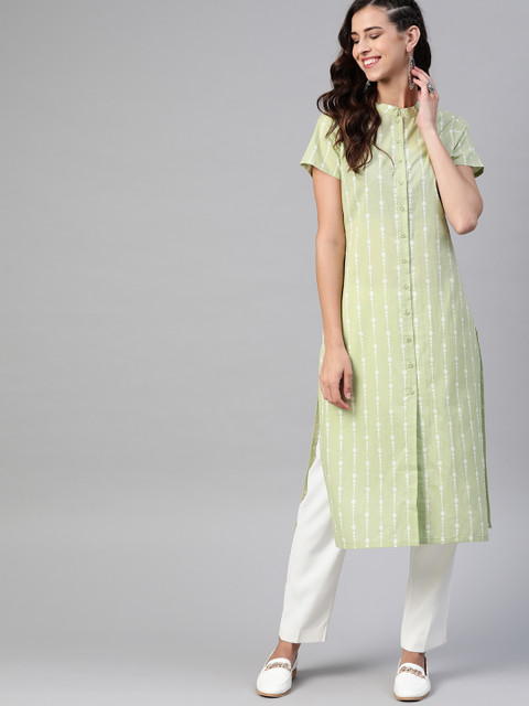 

HERE&NOW Women Green & White Pure Cotton Striped Kurta