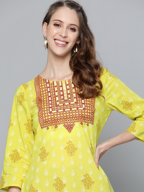 

HERE&NOW Women Lime Green Pure Cotton Ethnic Motifs Print Thread Work Kurta