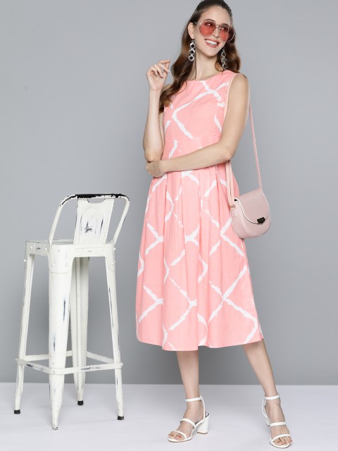 

HERE&NOW Pink & White Printed A-Line Midi Dress