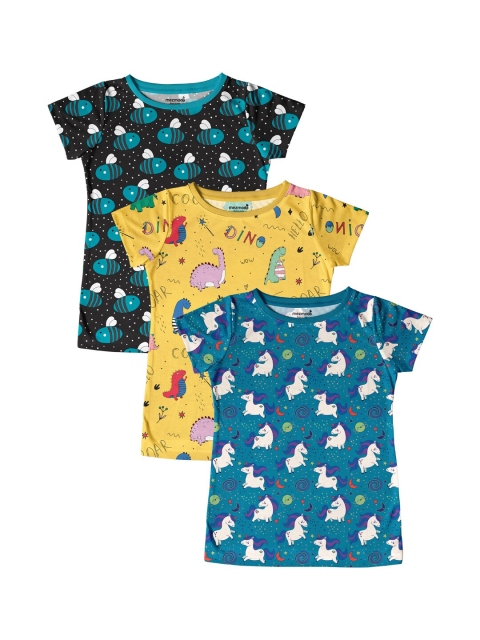 

mezmoda Girls Pack Of 3 Printed Round Neck T-shirt, Black