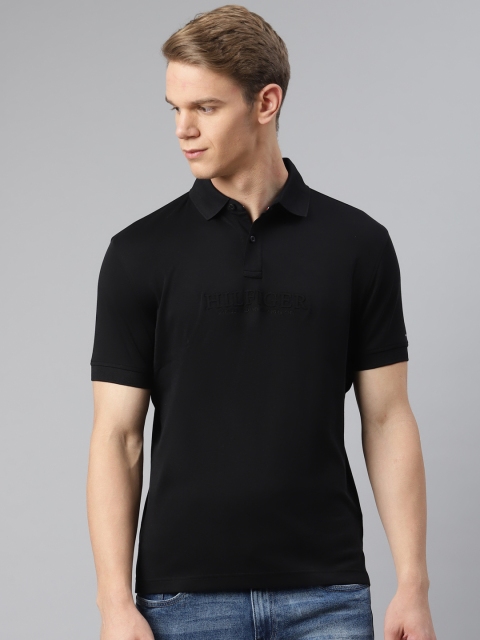 

Tommy Hilfiger Men Black Pure Cotton Embossed Brand Logo Print Polo Collar T-shirt