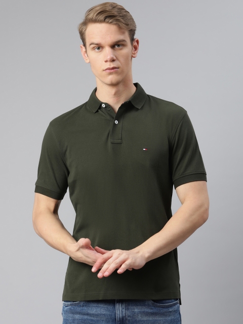 

Tommy Hilfiger Men Olive Green Solid Pure Cotton Polo Collar T-shirt