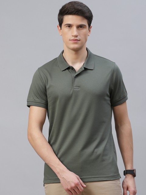 

Tommy Hilfiger Men Olive Green Pure Cotton Slim Fit Polo Collar Pure Cotton T-shirt