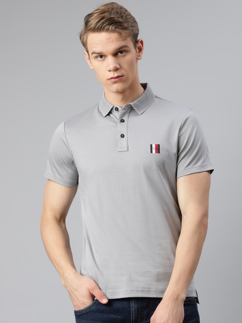

Tommy Hilfiger Men Grey Solid Polo Collar Pure Cotton T-shirt