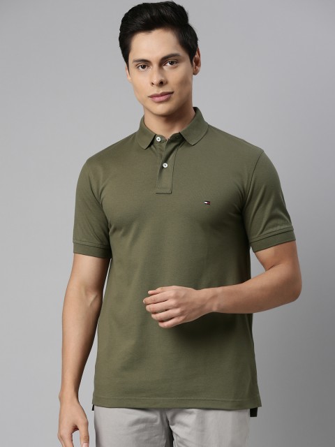 

Tommy Hilfiger Men Olive Green Pure Cotton Solid Polo Collar T-shirt