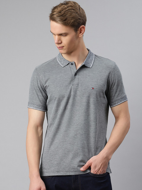 

Tommy Hilfiger Men Grey Melange Pure Cotton Solid Polo Collar T-shirt