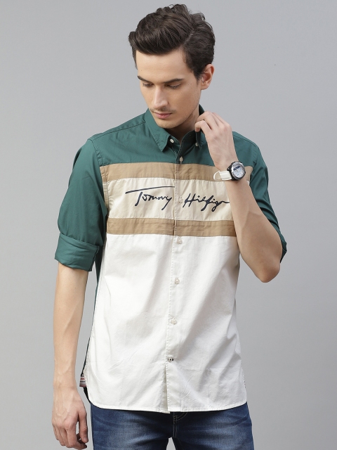 

Tommy Hilfiger Men Off White & Green Colourblocked Pure Cotton Casual Shirt