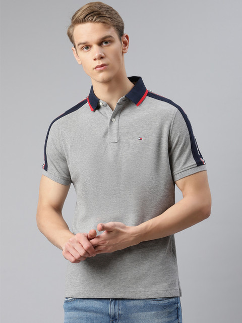 

Tommy Hilfiger Men Grey Melange Solid Pure Cotton Polo Collar T-shirt
