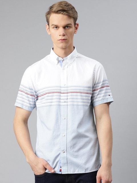 

Tommy Hilfiger Men White & Blue Pure Cotton Regular Fit Striped Casual Shirt