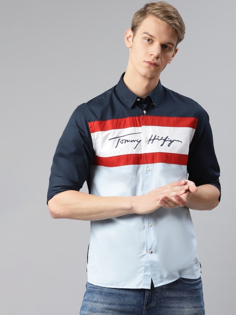 

Tommy Hilfiger Men Blue & White Pure Cotton Regular Fit Colourblocked Casual Shirt