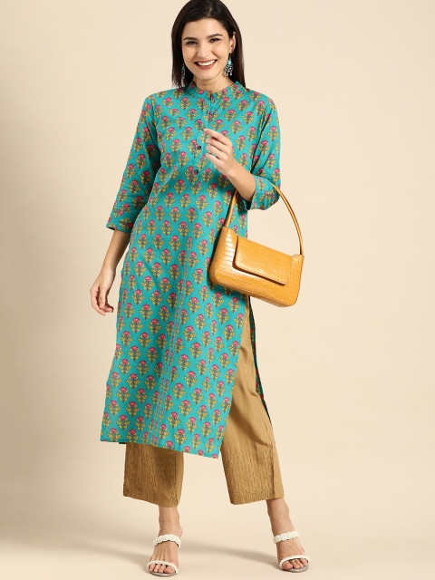 

Rajnandini Turquoise Blue Floral Printed Pure Cotton Kurta