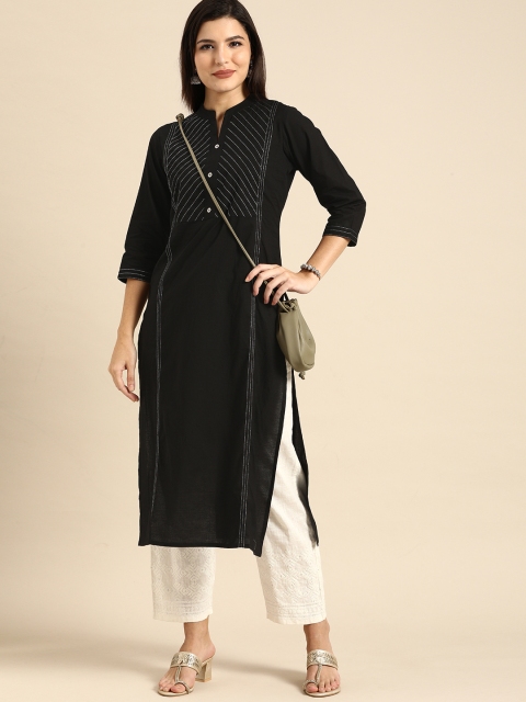 

Rajnandini Women Black Striped Embroidered Pure Cotton Kurta