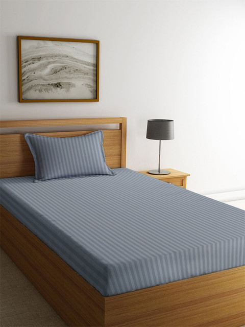 

MAYFAIR HOMES LONDON Grey Striped 210 TC Cotton 1 Single Bedsheet with 1 Pillow Covers
