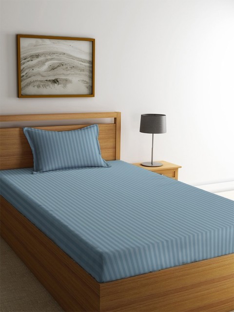 

MAYFAIR HOMES LONDON Blue Striped 210 TC Cotton 1 Single Bedsheet with 1 Pillow Covers