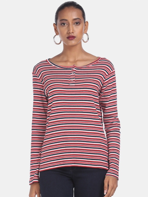 

Cherokee Women Red White Pure Cotton Striped Henley Neck Pure Cotton T-shirt