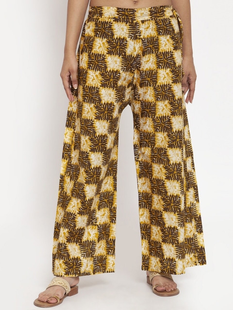 

TAG 7 Women Yellow & Brown Printed Flared Palazzos