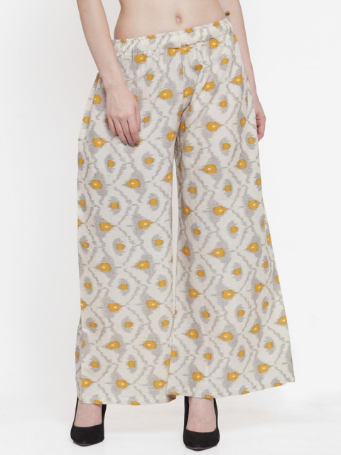 

TAG 7 Women White & Mustard Yellow Printed Cotton Wide Leg Palazzos