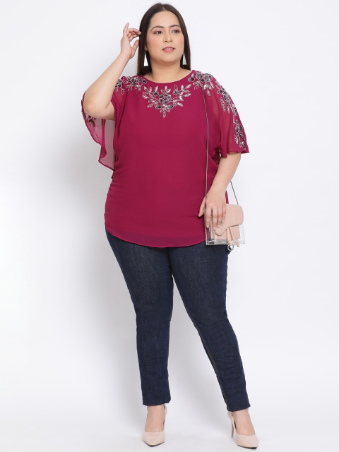 

Oxolloxo Magenta & Silver-Coloured Sequin Embellished Jewel Neck Styled Back Top