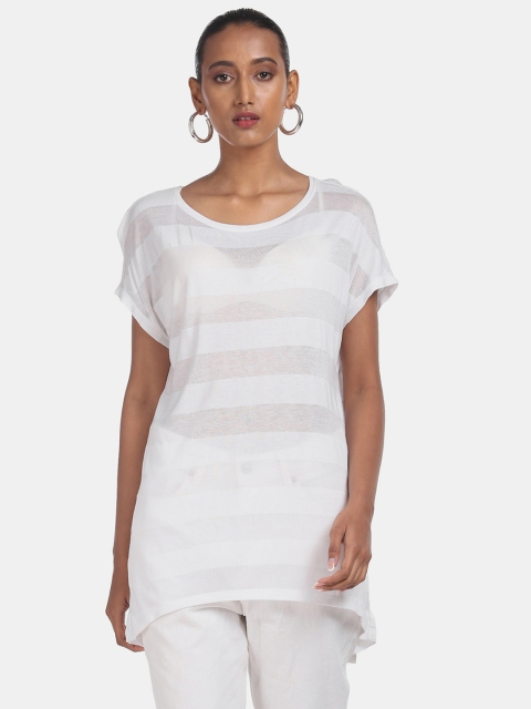 

GAP Women White Striped Round Neck T-shirt