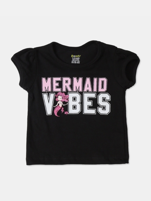 

Donuts Girls Black Pure Cotton Printed Round Neck T-shirt