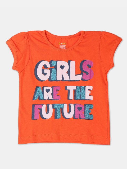 

Donuts Girls Orange Printed Round Neck Pure Cotton T-shirt